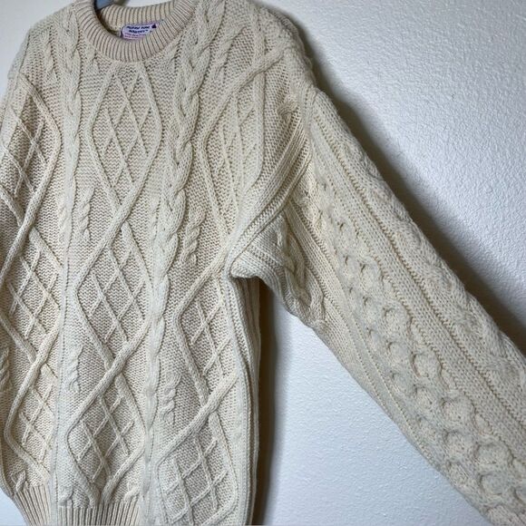 Vintage Highland Home 100% Wool Cream Cable Knit Fisherman Sweater Unisex Medium - Picture 5 of 13